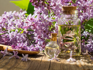 Spa oil with lilac flowers. A bottle with aromatic oil and lilac flowers on a wooden background.copy space
