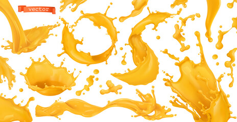 Orange paint splash. Mango, pineapple, papaya juice. 3d realistic vector set of design elements - 436107407