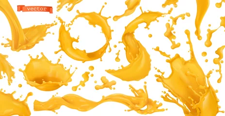Gordijnen Orange paint splash. Mango, pineapple, papaya juice. 3d realistic vector set of design elements © Natis