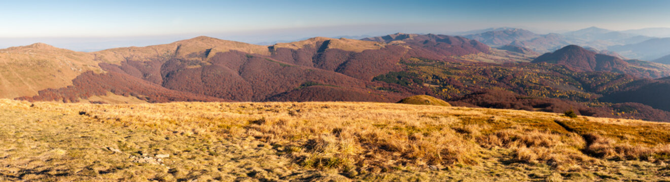 Panorama from the top of Tarnica to Halicz, Rozsypaniec, Krzemien, Ukraine, Pikuj, Borzawa, the highest peaks of the Bieszczady Mountains, Bieszczady Mountains, Wołosate
