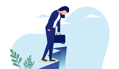 Businesswoman facing danger - Woman standing on edge of cliff looking down. Business crisis and adversity concept. Vector illustration with white background.