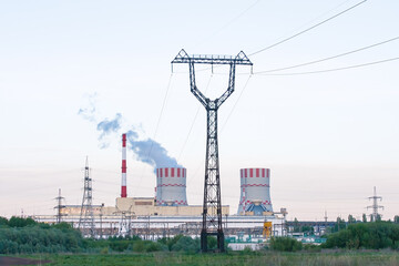 Industrial zone with power station atomic energy production. Nuclear power plant emissions of steam...