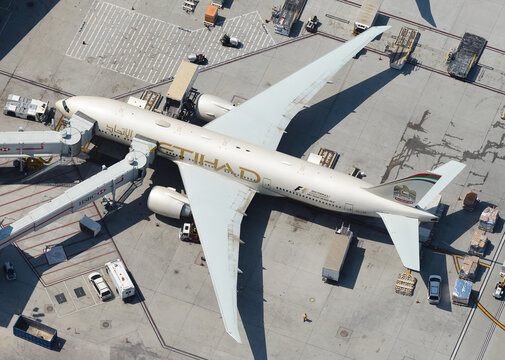 Etihad Airways Boeing 777 parked at LAX International Airport, California, United States. Long haul 777-200LR aircraft registered as A6-LR