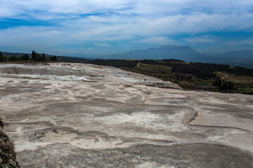 Carbonate mineral cliff with calcite-laden waters in Hierapolis Pamukkale in Turkey