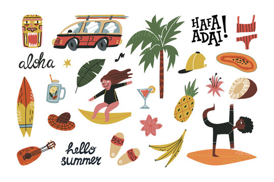 Cute summer on Hawaii or Guam Islands travel set. Retro bus with surfboards, palm tree, surfers, ukulele,funny lettering