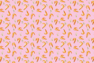 Tiger shrimp. Seafood background made from Prawns isolated on a pink backdrop. modern flat lay background from boiled shrimps, Seafood. not seamless pattern