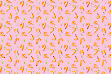 Tiger shrimp. Seafood background made from Prawns isolated on a pink backdrop. modern flat lay background from boiled shrimps, Seafood. not seamless pattern