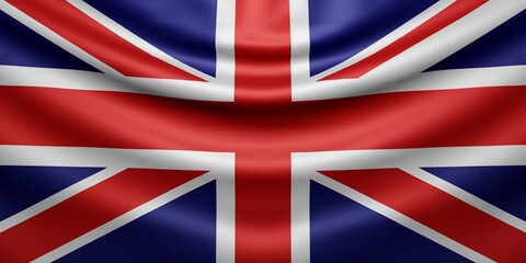 Hanging wavy national flag of Great Britain with texture. 3d render.