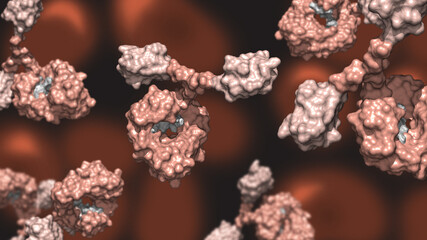Glycosylated, heavy-chain antibodies in beige against background of red blood cells; nanobody derived heavy-chain antibodies 3d render
