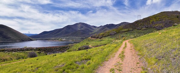 Deer Creek Reservoir Dam Trailhead hiking trail  Panoramic Landscape views by Heber, Wasatch Front Rocky Mountains. Utah, United States, USA.