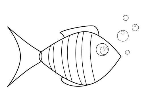 Aquarium tropical fish with bubble. Coloring book page for children. Outline vector illustration isolated on white background. Game for kids.