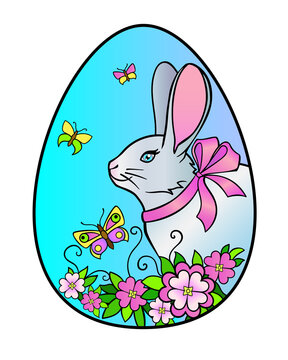 Easter egg on which a rabbit, flowers and butterflies are drawn - vector full-color illustration. Easter bunny with a bow on an egg and spring flowers with butterflies.