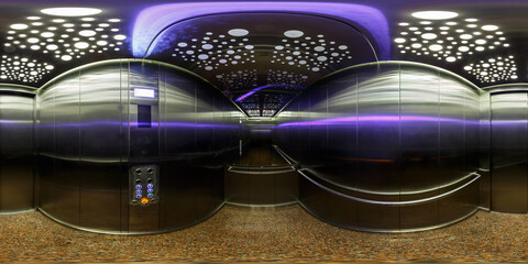 Full spherical seamless hdri panorama 360 degrees angle view inside interior of metal elevator lift room with big mirror in equirectangular projection, VR content © hiv360
