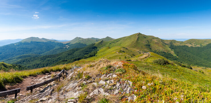 Panorama from the Rozsypaniec summit to the peaks of Tarnica, Halicz, Bukowe Berdko, Krzemien, Polonina Carynska, Kopa Bukowska, Bieszczady Mountains, Wołosate