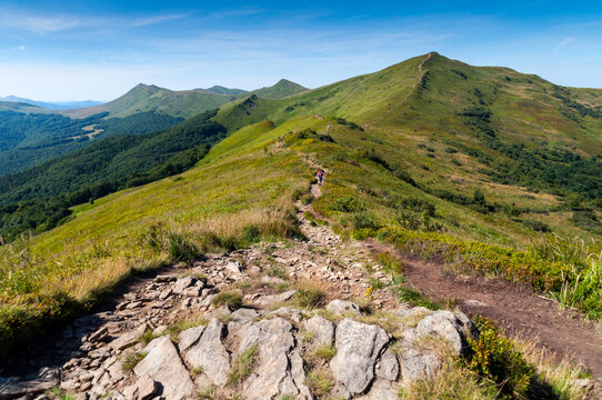 Panorama from the Rozsypaniec summit to the peaks of Tarnica, Halicz, Bukowe Berdko, Krzemien, Polonina Carynska, Kopa Bukowska, Bieszczady Mountains, Wołosate