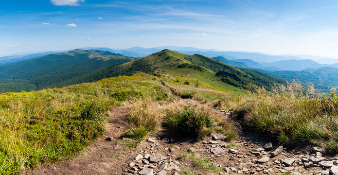 Panorama from the Rozsypaniec summit to the peaks of Tarnica, Halicz, Bukowe Berdko, Krzemien, Polonina Carynska, Kopa Bukowska, Bieszczady Mountains, Wołosate