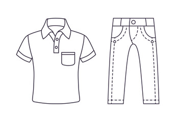 Jeans pants and polo shirt isolated line icons