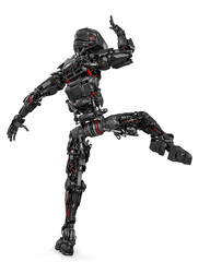Fototapeta premium mega robotin is doing some kung fu fighting on white background rear view