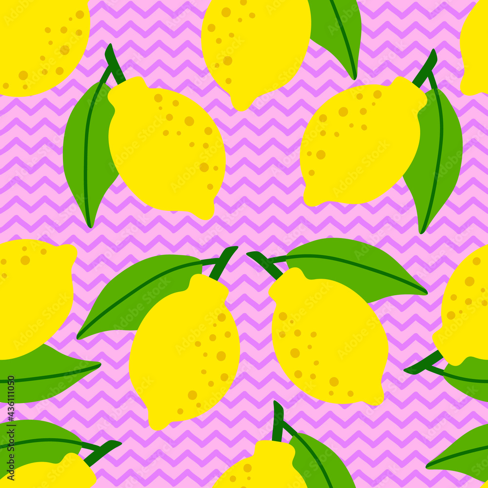 Wall mural lemon pattern seamless in bright colors. repeat purple zigzag background with fruit vector pattern. 