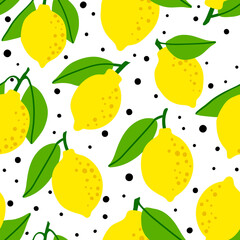 Lemon pattern seamless in bright colors. Repeat dotted background with fruit vector pattern. Citrus fruit drawing. Great as wallpaper, fabric pattern or textile design.