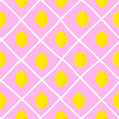Lemon pattern seamless in bright colors. Repeat background with fruit vector pattern. Citrus fruit drawing. Great as wallpaper, fabric pattern or textile design.