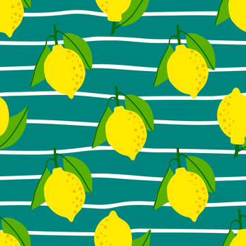 Lemon Pattern Seamless In Bright Colors. Repeat Stripes Background With Fruit Vector Pattern. Citrus Fruit Drawing. Great As Wallpaper, Fabric Pattern Or Textile Design.