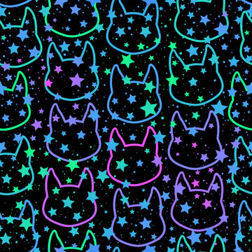 seamless pattern of bright cat silhouettes and scattering stars