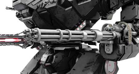 close up on the machinegun of the heavy mech in white background
