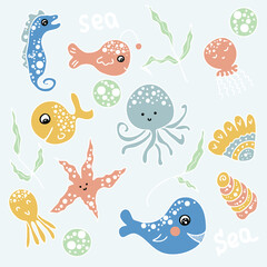 Tekening van zeedieren, octopus, kwallen, zeester, walvis, algen. Cartoon-stijl. Hand getekend vectorillustratie. Ontwerp voor T-shirt, textiel en prints.