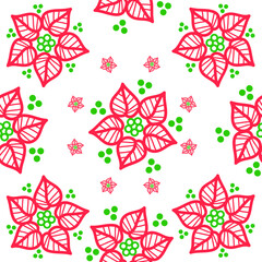 Red and green holiday flower vector illustration pattern scattered on a white background