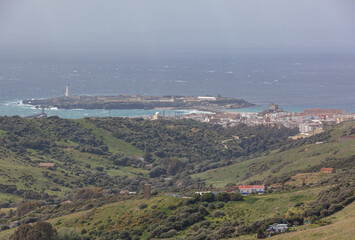 Aerial view of Isla de las Palomas - southermost Point of continental Europe in Spain and border between Mediterranean Sea and Atlantic Ocean