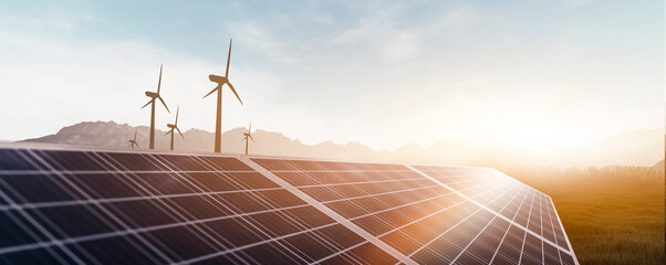 Fototapeta solar panels and wind power turbines in a sunset obraz