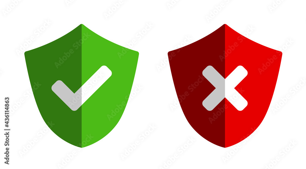 Poster shield green and red safe and unsafe security icon set with checkmark and x cross signs with shadow.