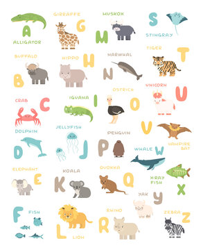 Cute cartoon simple savannah and forest animals and English alphabet poster. Vector educational illustration on white background