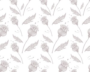 seamless pattern with poppy flowers, buds, leaves, dried flowers, background with decorative plants, botanical elements, for the design of cards, wallpapers, fabric, paper, stylized vector graphics