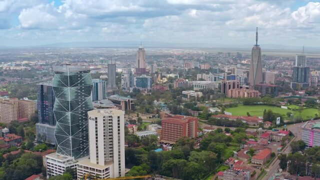 Aerial view capital Nairobi, Republic of Kenya, East Africa. Urban landscape drone footage.