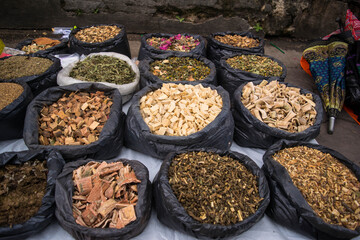 A series of medicinal plants and essences sold on the streets by the inhabitants of Chiapas, Mexico