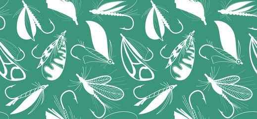 Fly fishing. Seamless pattern with flies and hooks. 