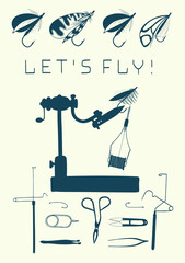 Let`s fly! Set of fly fishing tools. Vector stock illustration.