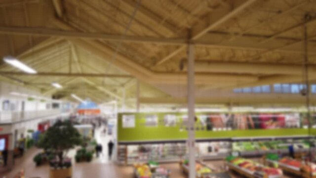 Blurred Birds Eye View Left To Right Of Grocery Store Supermarket Buying Food And Other Items