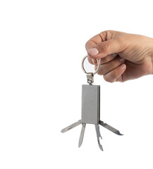 Space for text. woman's hand holding keychain.