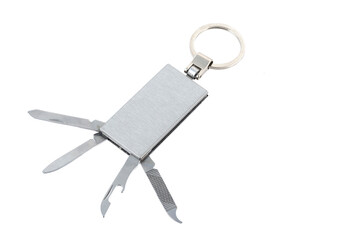 keychain that has several tools. White background.