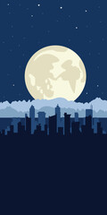 Premium city night background template vector with full moon and stars