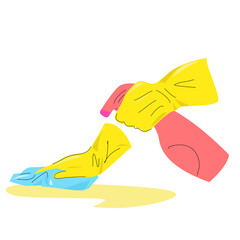Hands in yellow gloves with a spray bottle and a rag.