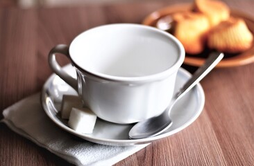 closeup white cup of coffee and sugar morning breakfast