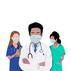 Fototapeta premium Close-up no face young Doctors uniform with blue necktie and stethoscope and young nurse in uniform wearing mask. Vector flat design concept for doctor’s day, Medical health greeting card or banner