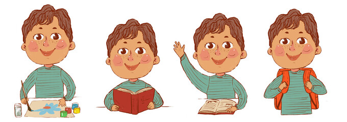 set on a white background. a drawn boy who is engaged in various activities in the lesson. education drawing and reading, with a backpack.