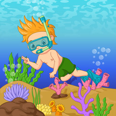 Cartoon little boy wearing diving mask swims underwater