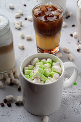 Coffee shop menu, drinks photoshoot on light stone table, morning atmosphere