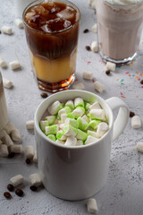 Coffee shop menu, drinks photoshoot on light stone table, morning atmosphere